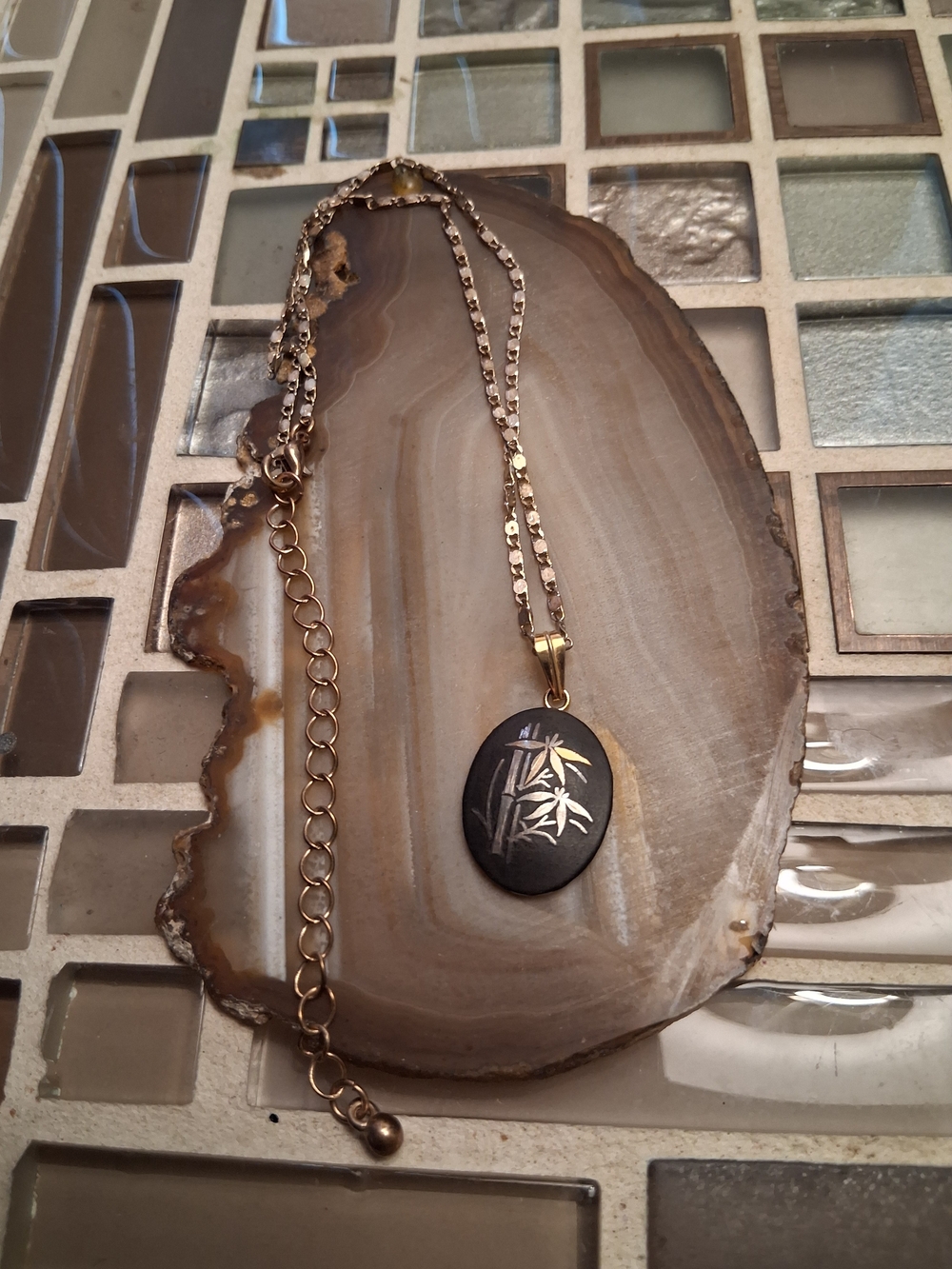 Vintage Gold-Tone Necklace with Black Oval Bamboo Pendant